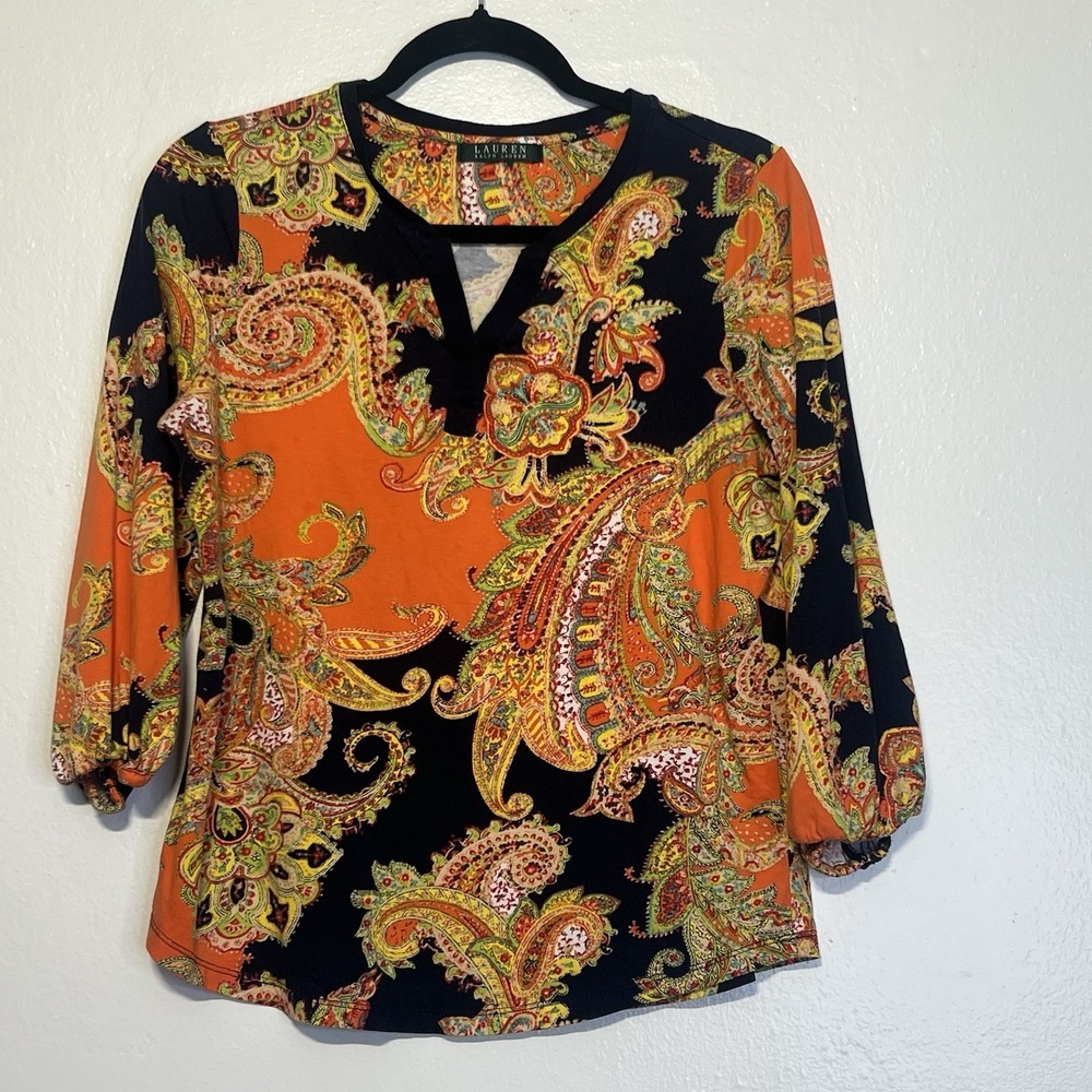 Lauren Ralph Lauren Women's Sz M Multicolor V-Neck Paisley 3/4 Sleeve Shirt